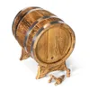 A wooden barrel with metal bands sits on a stand, with a spigot and stopper nearby. Produktbild-Vorschau