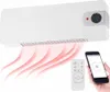 A white wall-mounted heater with red heat waves emanating from it, shown with a remote control and a smartphone displaying a temperature setting. Voir les images du produit
