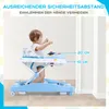 A baby is using a blue walker with a toy tray next to a wall, with measurement indicators. Podgląd zdjęcia produktu