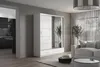 A modern living room with a white sliding door wardrobe with a mirror, a sofa, and a coffee table. Náhled obrázku produktu