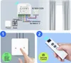 Diagram showing how to wire a RF curtain module to an AC motor, a wired panel switch, and a remote control, along with illustrations of the wired panel switch and remote control. Produktbild-Vorschau