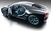 A black Bugatti Chiron model car with blue accents, shown with the driver's side door open. Voir les images du produit