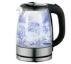 A glass electric kettle with water boiling inside, illuminated by blue LED lights. Podgląd zdjęcia produktu