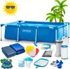 A rectangular blue Intex swimming pool with accessories, palm trees, and a sun illustration. Náhled obrázku produktu