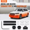 A white SUV is shown in a snowy environment with an orange glow emanating from its front, suggesting heat. Below the car, various components of a diesel air heater exhaust and ducting kit are displayed. Náhled obrázku produktu