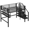 A black metal loft bed with shelves and stairs, shown against a white background. Podgląd zdjęcia produktu