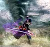 A dynamic action scene with a tornado in the background and a character wielding swords. Náhled obrázku produktu