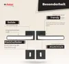 A marketing image showcasing a black and white door handle set with descriptive text highlighting its features. Produktbild-Vorschau