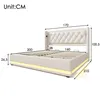 A white upholstered bed frame with LED lighting and dimensions indicated by measurement lines and numbers. Náhled obrázku produktu