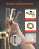 A hand holding a gold handheld shower head with other shower heads in the background and feature callouts on the right. Podgląd zdjęcia produktu