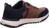 Side view of a brown and navy sneaker. Voir les images du produit