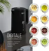 A black electric kettle with a digital display is shown next to several cups of tea, each indicating a different tea type and brewing temperature. Produktbild-Vorschau