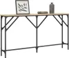 A console table with a wooden top and black metal legs, decorated with a framed picture and a vase. Náhled obrázku produktu