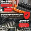 A collage of images showing a kitchen gadget slicing carrots and being cleaned in a dishwasher. Produktbild-Vorschau