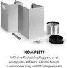 A set of kitchen hood components, including chimney pieces, a flexible duct, and mounting hardware, arranged on a white background. Produktbild-Vorschau