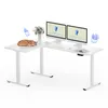 A white L-shaped standing desk with two monitors, a cat sleeping on the desk, and some decorative elements. Náhled obrázku produktu