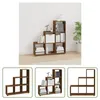 A collage of images showing a brown wooden shelving unit with a step-like design, both empty and filled with books and decorative items. Podgląd zdjęcia produktu