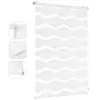 A white roller blind with a wave pattern, shown hanging, with three inset images showing details of the mechanism and fabric. Produktbild-Vorschau