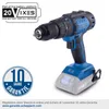A cordless drill is shown on a white background with marketing text and logos. Produktbild-Vorschau