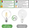 Comparison of an LED lamp and a traditional incandescent bulb, with feature callouts for each. Produktbild-Vorschau