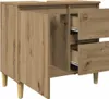 A 3D rendering of a wooden cabinet with open drawers and a door. Produktbild-Vorschau