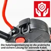 Close-up of a black plastic component with a red button and a red cable attached, with a white shield and hands icon in a red square overlay. Produktbild-Vorschau