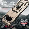 A gold phone case with a ring holder and camera cover is shown on a rocky, mountainous background. Produktbild-Vorschau