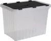 A clear, studio shot of a transparent storage box with a black lid. Voir les images du produit