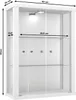 A white display cabinet with glass shelves and LED lighting, shown with dimensions. Podgląd zdjęcia produktu