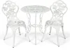 A white metal bistro set with a round table and two chairs, featuring rose motifs, is displayed against a white background. Náhľad obrázku produktu