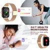 Collage showing a smartwatch, a woman exercising, and a woman sleeping, with text overlays highlighting health monitoring features. Produktbild-Vorschau