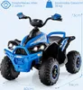 A blue and black toy quad bike is shown from a front-diagonal angle against a light blue background. Dimensions and age recommendations are displayed. Produktbild-Vorschau