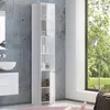 A tall, white, high-gloss bathroom cabinet is shown in a modern bathroom setting with a concrete wall and a large window overlooking greenery. Náhľad obrázku produktu