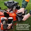 A close-up of a person's hands interacting with a lawnmower, demonstrating a feature. Produktbild-Vorschau