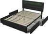 A dark gray upholstered bed frame with a tufted headboard featuring green LED lighting. The bed has a slatted wooden mattress support and four pull-out storage drawers underneath. The drawers are partially open, revealing wire mesh interiors. Voir les images du produit