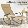 A khaki rocking lounge chair with a side pocket is shown on a stone patio, with a small table holding a drink and a sandwich nearby. Produktbild-Vorschau