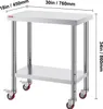 A stainless steel work table with wheels, showing dimensions. Anteprima dell’immagine prodotto