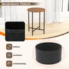 A round side table with a wooden top and black metal legs, shown with a dark gray felt basket. The image includes text and icons highlighting product features. Náhled obrázku produktu