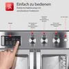 A close-up of the control panel of a silver oven, with a finger touching the display. Produktbild-Vorschau
