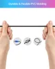 Hands holding a black cable, with three circular graphics below demonstrating its flexibility and connection. Produktbild-Vorschau