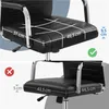 Two close-up views of a black office chair seat, with dimensions overlaid on both. Produktbild-Vorschau