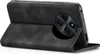 A black flip case for a smartphone is shown from a side angle, with the front cover open and propped up. Produktbild-Vorschau