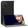 A black book-style phone case is shown open, with a smartphone displaying an image of a woman's face.