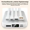 A white power bank with multiple integrated charging cables and a digital display showing 100%. Produktbild-Vorschau