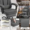 A collage of images showcasing a gray gaming chair with various close-ups and feature callouts. Produktbild-Vorschau