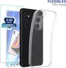 A clear product shot of a phone case and screen protector with a phone. Produktbild-Vorschau