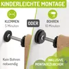The image shows two methods of installing a child safety gate: one by clamping and another by drilling. It highlights the ease of installation and the included accessories. Produktbild-Vorschau