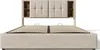 A beige upholstered bed frame with a headboard featuring built-in storage compartments. The bed is shown from the front with the mattress support slats visible. Produktbild-Vorschau