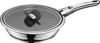 A stainless steel frying pan with a glass lid and black handle is shown against a white background. Produktbild-Vorschau