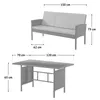 A size chart showing a polyrattan garden furniture set, including a sofa and a table, with dimensions indicated. Voir les images du produit